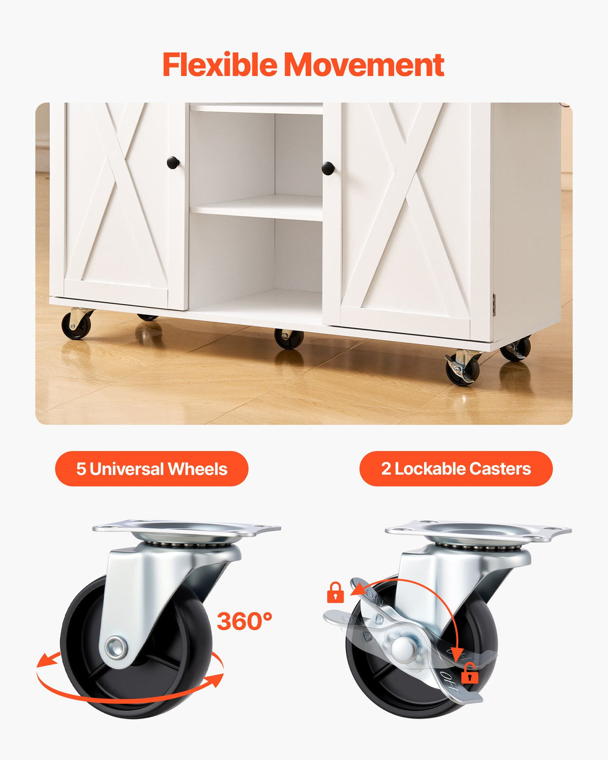 VEVOR Kitchen Island Cart, with Solid Wood Top and Storage Cabinet, Mobile Rolling Table with Drop Leaf, Drawers, Spice Towel Rack, Portable Islands on Swivel Wheels for Dining Room, 52in Width, White - BFBYDKCFDBS2K4K0T001V0 - view 8