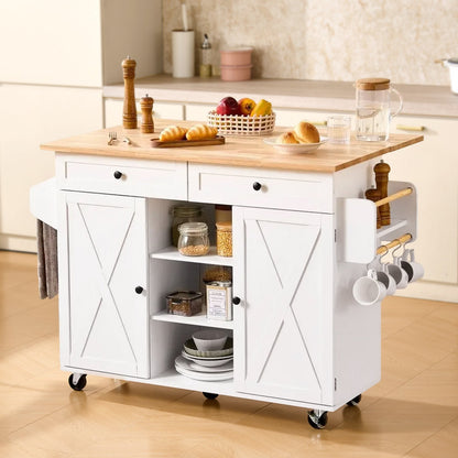 VEVOR Kitchen Island Cart, with Solid Wood Top and Storage Cabinet, Mobile Rolling Table with Drop Leaf, Drawers, Spice Towel Rack, Portable Islands on Swivel Wheels for Dining Room, 52in Width, White - BFBYDKCFDBS2K4K0T001V0 - view 9