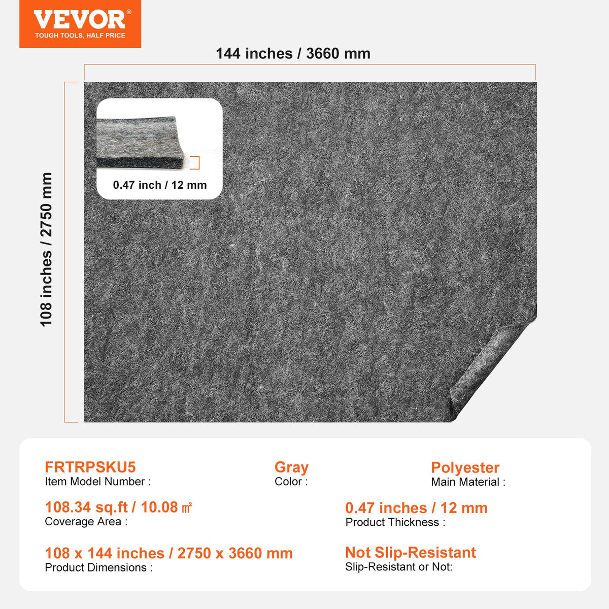 VEVOR Rug Pad Without Slip Resistance, Protective Cushioning Carpet Pad 9' x 12', 1/2"Thick, 100% Pure Polyester Felt, 10-11㎡ Premium Comfort Underfoot Carpet Padding Rug Cushion for All Floor, Gray - BFHDTDMZ1011G28J1V0 - view 8