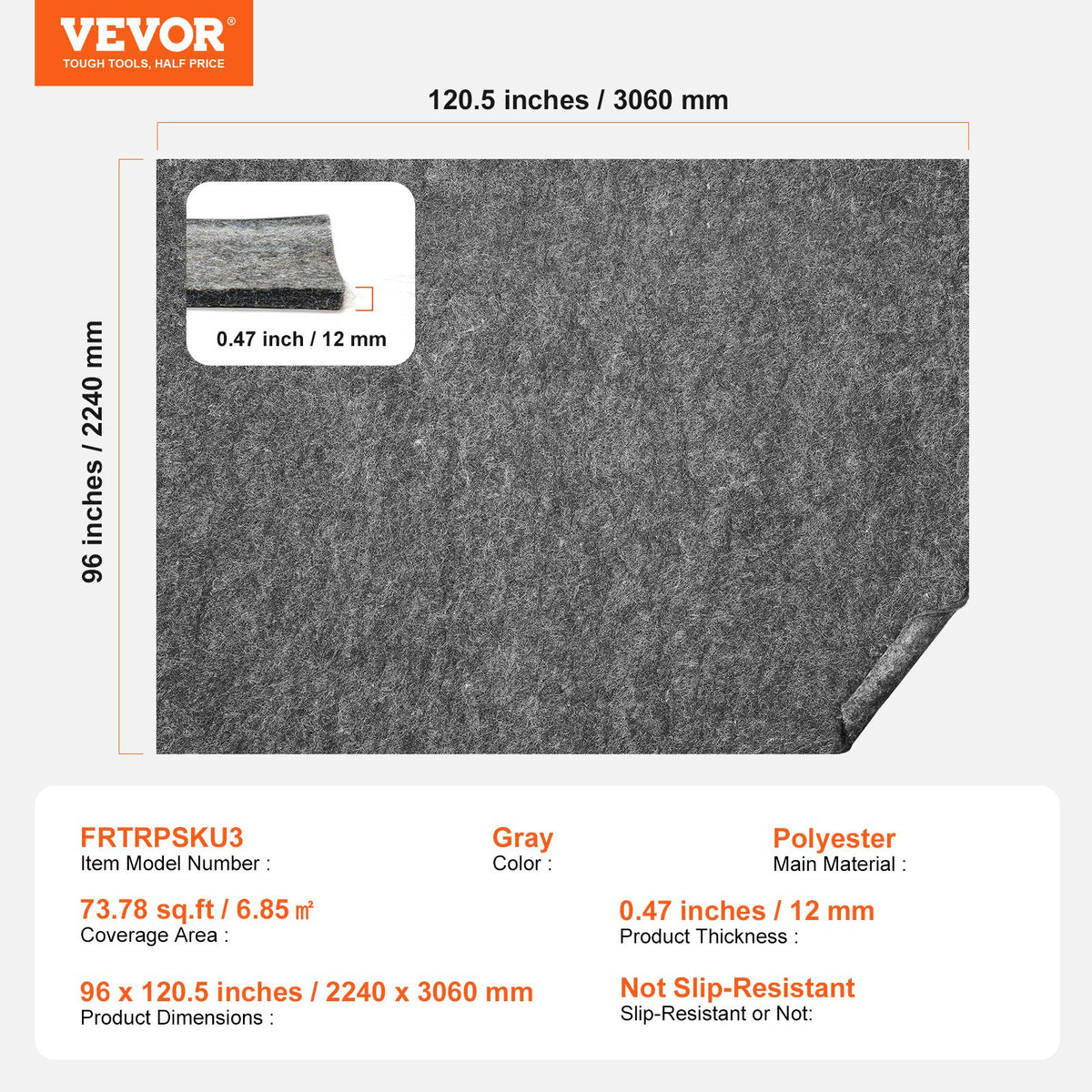 VEVOR Rug Pad Without Slip Resistance, Protective Cushioning Carpet Pad, 8' x 10', 1/2"Thick, 100% Pure Polyester Felt, 7-8㎡ Premium Comfort Underfoot Carpet Padding Rug Cushion for All Floors, Gray - BFHDTDSXPMFH8JOXYV0 - view 8