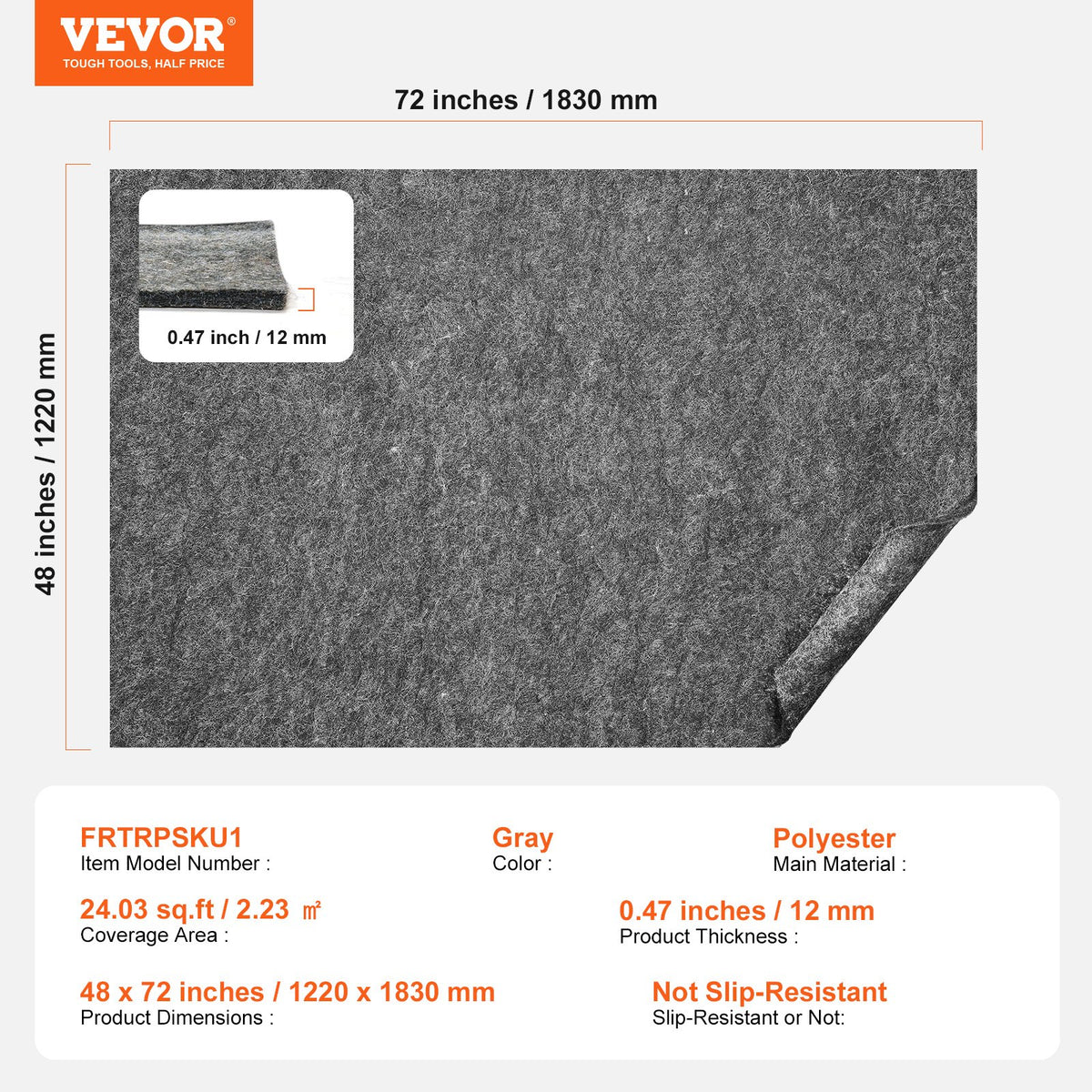 VEVOR Non-Slip Resistant Rug Pad, Protective Cushioning Carpet Pad, 2'x8' (7.875' Actual), 1/4"Thick, Dual Surface, Polyester Felt + Latex, 1-2㎡ Area Carpet Padding Rug Cushion Safe for All Floors - BFHDTDSXPMFH9WPCOV0 - view 8