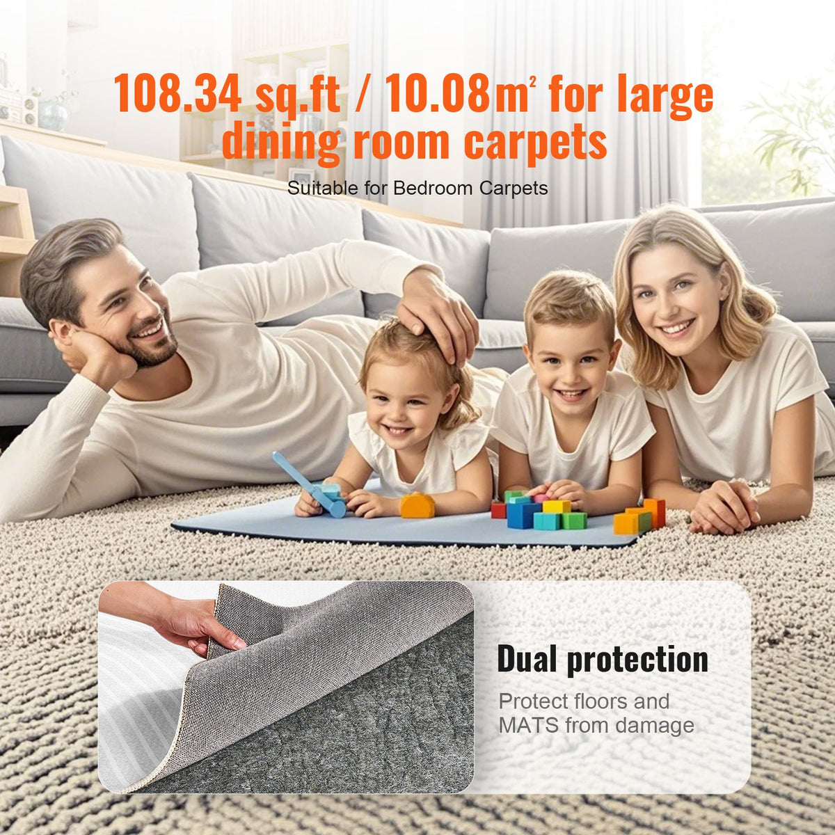 VEVOR Rug Pad Without Slip Resistance, Protective Cushioning Carpet Pad, 9' x 12', 1/4"Thick, 100% Pure Polyester Felt, 10-11㎡ Premium Comfort Underfoot Carpet Padding Rug Cushion for All Floors, Gray - BFHDTDSXPMFHLSBLLV0 - view 7
