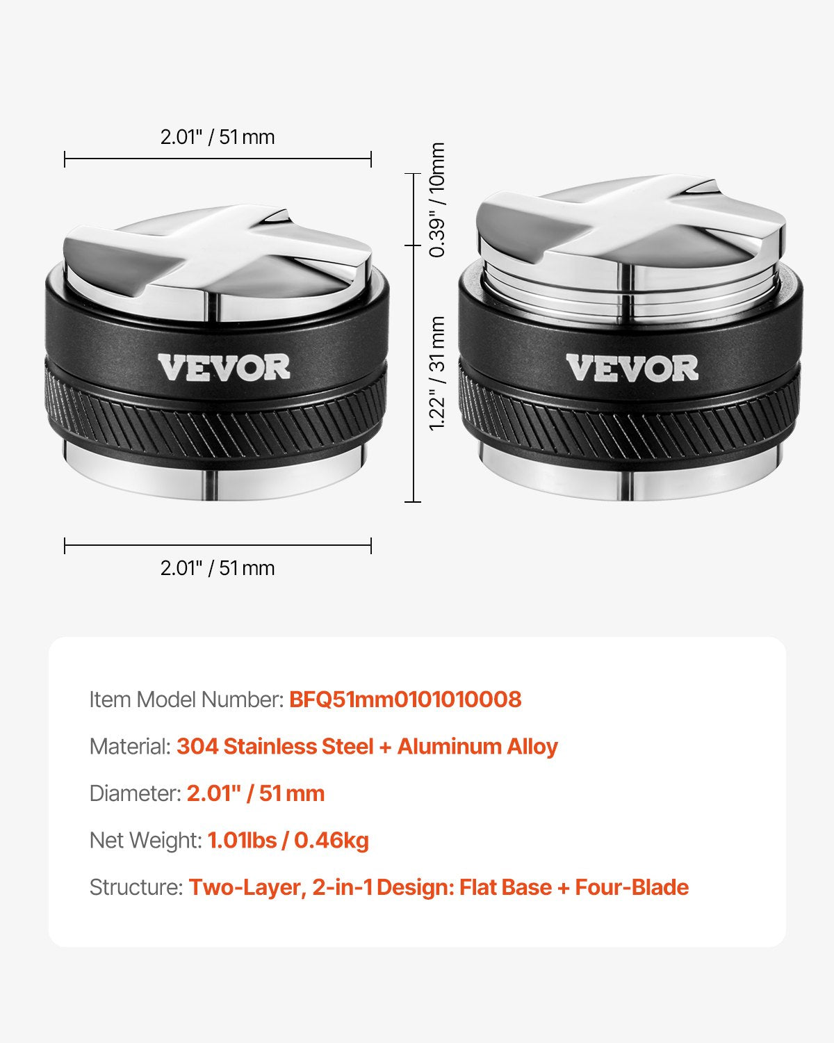 VEVOR Coffee Distributor 51mm, 2-in-1 Adjustable Espresso Distributor with Fan-Shaped Base, Coffee Distributor 304 Stainless Steel with Easy-to-Disassemble Design - BFQ51MMBXGLP0VEAVV0 - view 8