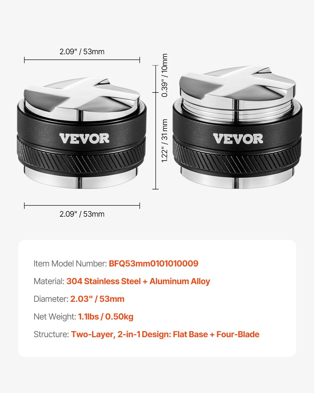 VEVOR Coffee Distributor 53mm, 2-in-1 Adjustable Espresso Distributor with Fan-Shaped Base, Coffee Distributor 304 Stainless Steel with Easy-to-Disassemble Design - BFQ53MMBXGLP9KOV6V0 - view 8