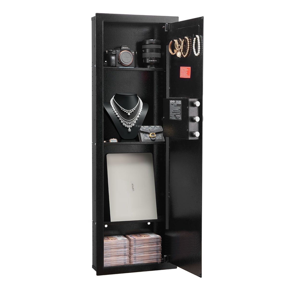 VEVOR Wall Safe, 4-Tier Hidden Wall Mounted Gun Safe with Password & Key, Q235 Cold-Rolled Steel In-Wall Box with LED Lighting, 3 Adjustable Shelves & Key Holders for Money, Jewelry, Passport, Black - BGBXJ39144341RL29001V9 - view 1