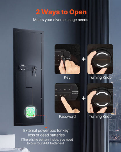 VEVOR Wall Safe, 4-Tier Hidden Wall Mounted Gun Safe with Password & Key, Q235 Cold-Rolled Steel In-Wall Box with LED Lighting, 3 Adjustable Shelves & Key Holders for Money, Jewelry, Passport, Black - BGBXJ39144341RL29001V9 - view 4