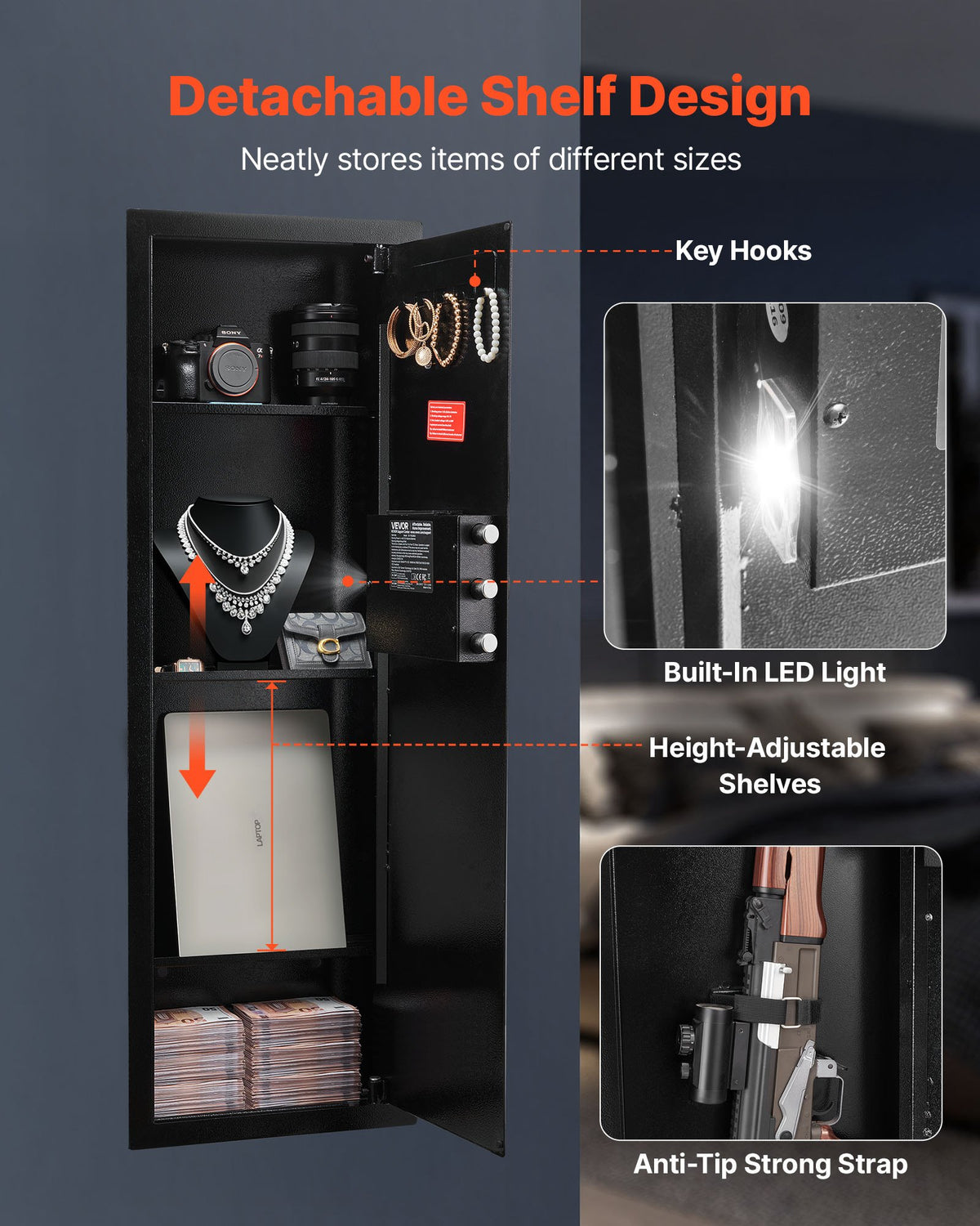 VEVOR Wall Safe, 4-Tier Hidden Wall Mounted Gun Safe with Password & Key, Q235 Cold-Rolled Steel In-Wall Box with LED Lighting, 3 Adjustable Shelves & Key Holders for Money, Jewelry, Passport, Black - BGBXJ39144341RL29001V9 - view 6