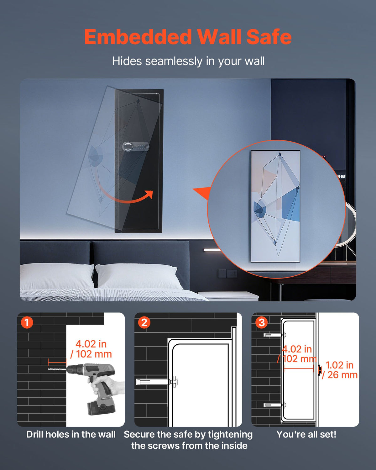 VEVOR Wall Safe, 4-Tier Hidden Wall Mounted Gun Safe with Password & Key, Q235 Cold-Rolled Steel In-Wall Box with LED Lighting, 3 Adjustable Shelves & Key Holders for Money, Jewelry, Passport, Black - BGBXJ39144341RL29001V9 - view 7