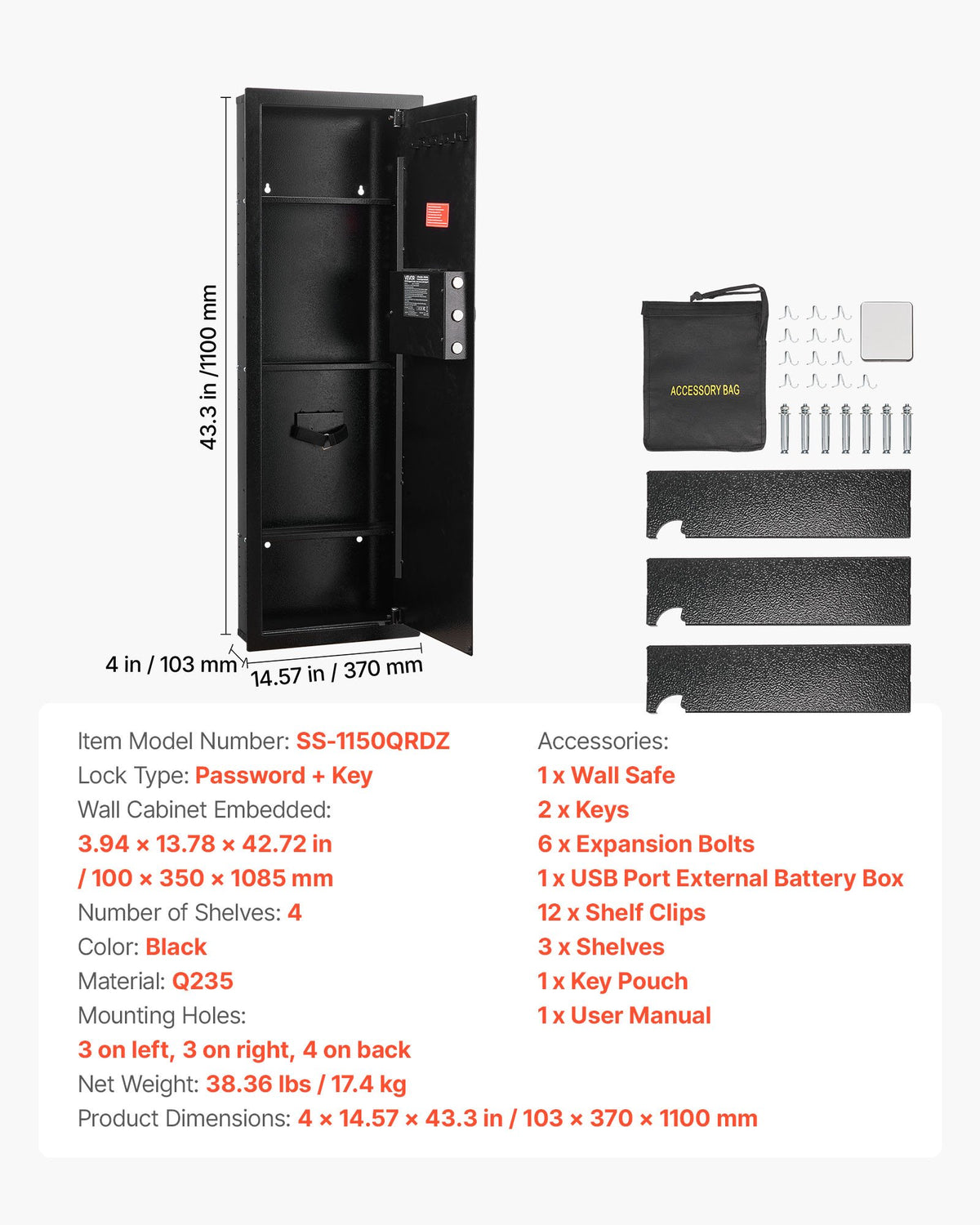 VEVOR Wall Safe, 4-Tier Hidden Wall Mounted Gun Safe with Password & Key, Q235 Cold-Rolled Steel In-Wall Box with LED Lighting, 3 Adjustable Shelves & Key Holders for Money, Jewelry, Passport, Black - BGBXJ39144341RL29001V9 - view 8