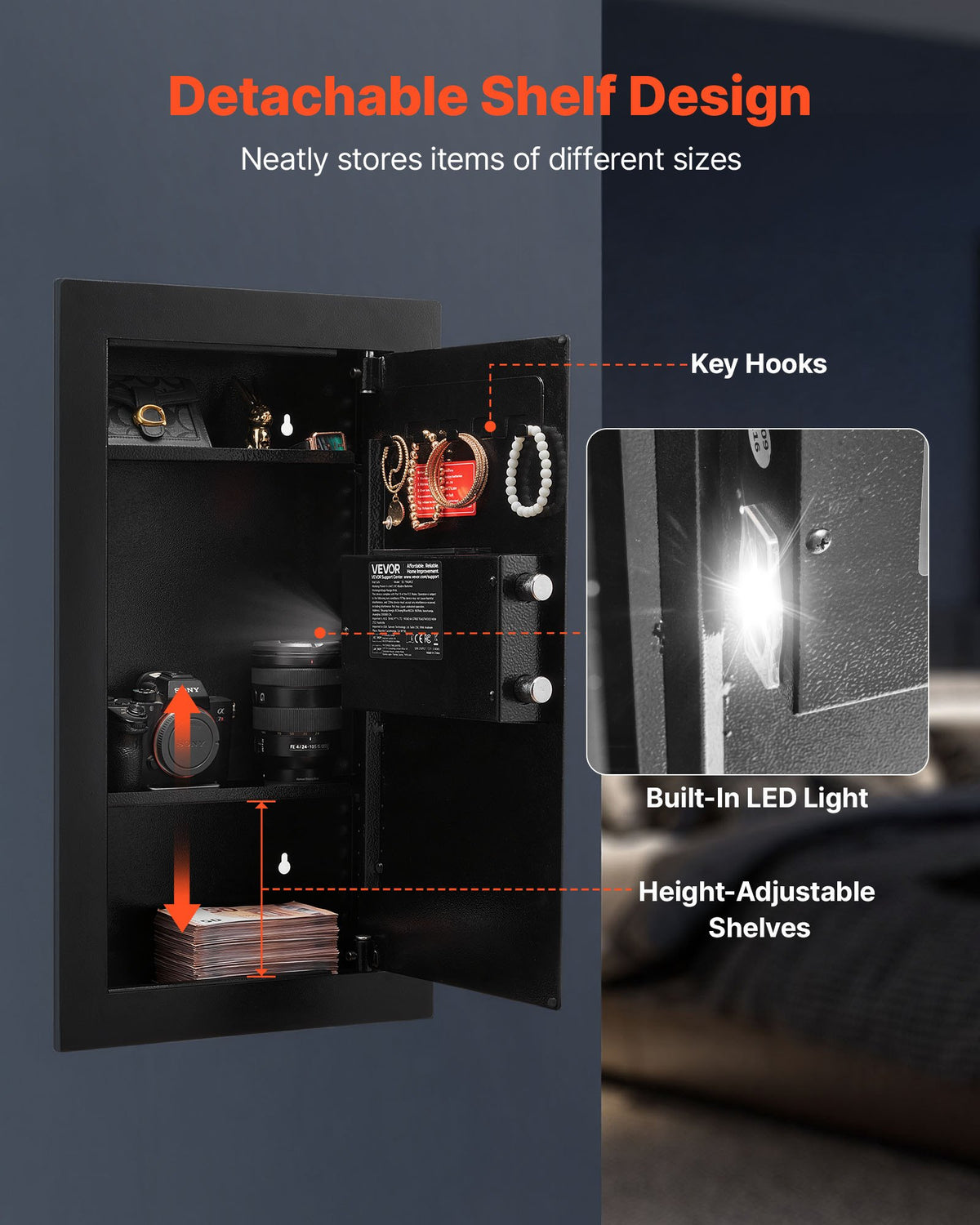 VEVOR Wall Safe, 3-Tier Hidden Wall Mounted Safe with Password & Key, Q235 Cold-Rolled Steel In-Wall Box with LED Lighting, 2 Adjustable Shelves & 5 Key Holders for Money, Jewelry, Passport, Black - BGBXJ4145625LE5K9001V9 - view 6
