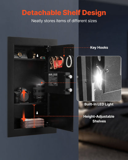 VEVOR Wall Safe, 3-Tier Hidden Wall Mounted Safe with Password & Key, Q235 Cold-Rolled Steel In-Wall Box with LED Lighting, 2 Adjustable Shelves & 5 Key Holders for Money, Jewelry, Passport, Black - BGBXJ4145625LE5K9001V9 - view 6