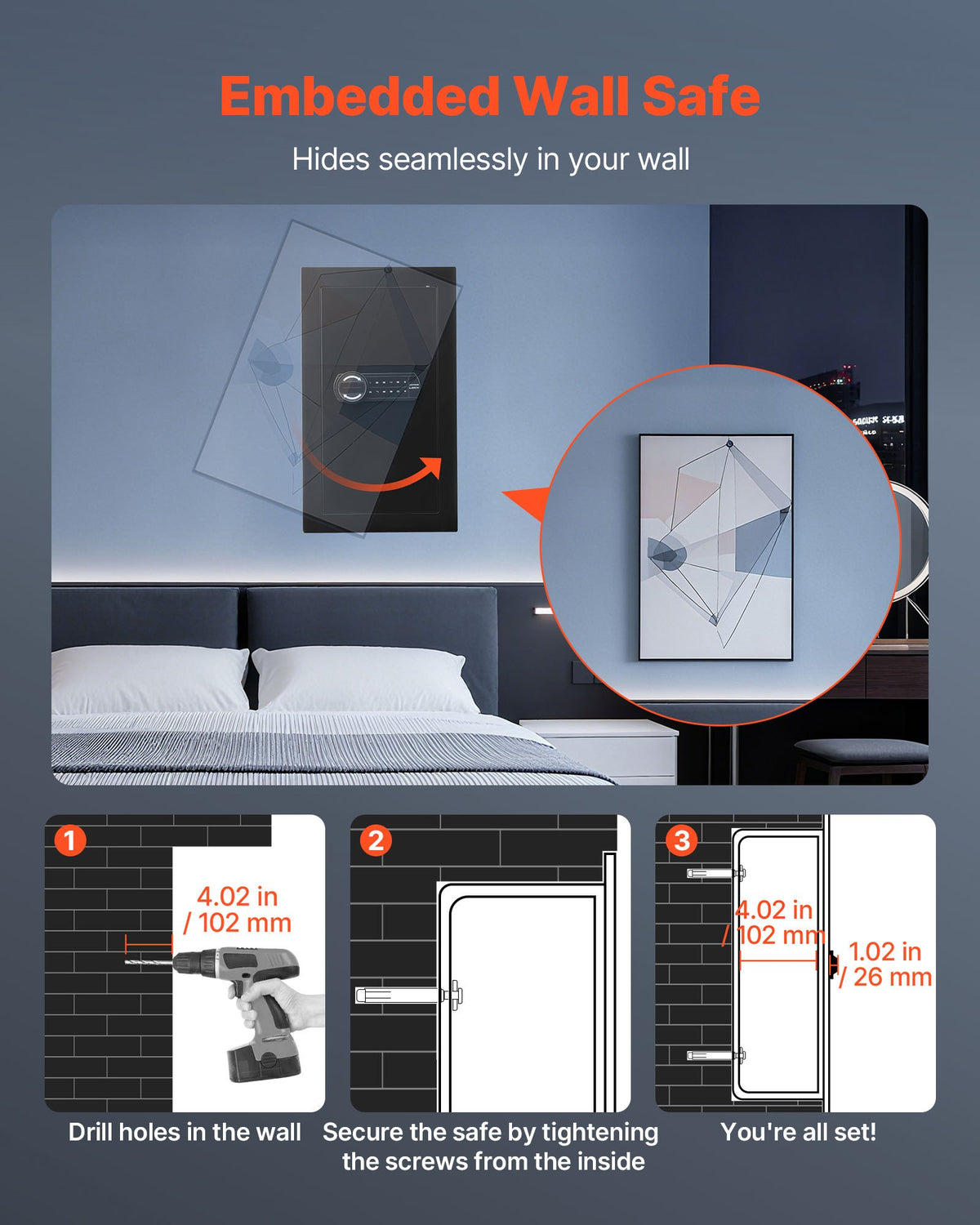VEVOR Wall Safe, 3-Tier Hidden Wall Mounted Safe with Password & Key, Q235 Cold-Rolled Steel In-Wall Box with LED Lighting, 2 Adjustable Shelves & 5 Key Holders for Money, Jewelry, Passport, Black - BGBXJ4145625LE5K9001V9 - view 7