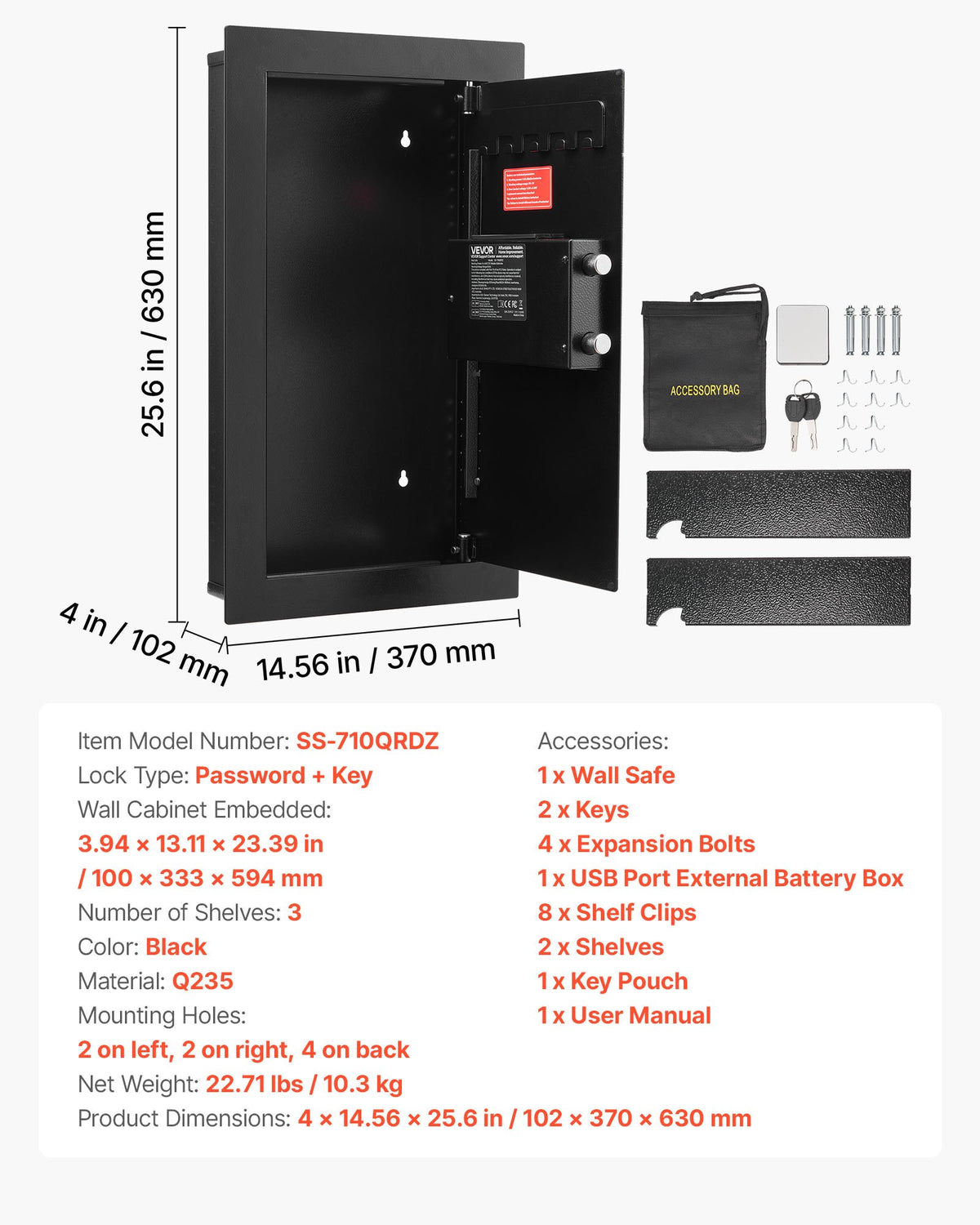 VEVOR Wall Safe, 3-Tier Hidden Wall Mounted Safe with Password & Key, Q235 Cold-Rolled Steel In-Wall Box with LED Lighting, 2 Adjustable Shelves & 5 Key Holders for Money, Jewelry, Passport, Black - BGBXJ4145625LE5K9001V9 - view 8