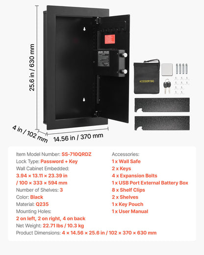VEVOR Wall Safe, 3-Tier Hidden Wall Mounted Safe with Password & Key, Q235 Cold-Rolled Steel In-Wall Box with LED Lighting, 2 Adjustable Shelves & 5 Key Holders for Money, Jewelry, Passport, Black - BGBXJ4145625LE5K9001V9 - view 8