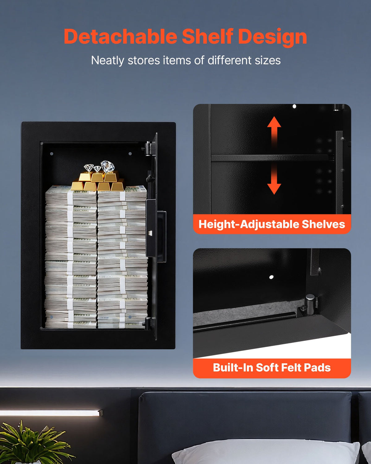 VEVOR Wall Safe, 3-Tier Hidden Wall Safe with Fingerprint, Password, Key & Turning Knob, Q235 Cold-Rolled Steel In-Wall Box with Adjustable Shelves & Key Holders for Money, Jewelry, Passport, Document - BGBXJ41522INRM189001V9 - view 6