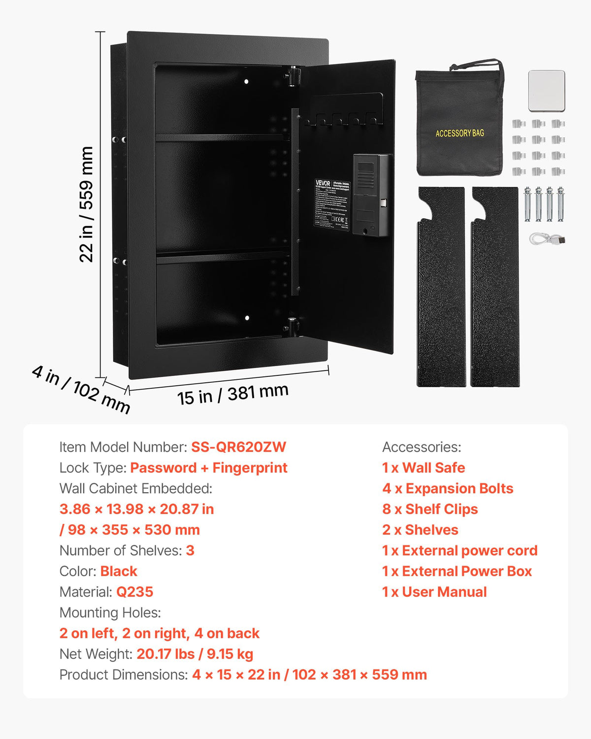 VEVOR Wall Safe, 3-Tier Hidden Wall Safe with Fingerprint, Password, Key & Turning Knob, Q235 Cold-Rolled Steel In-Wall Box with Adjustable Shelves & Key Holders for Money, Jewelry, Passport, Document - BGBXJ41522INRM189001V9 - view 8