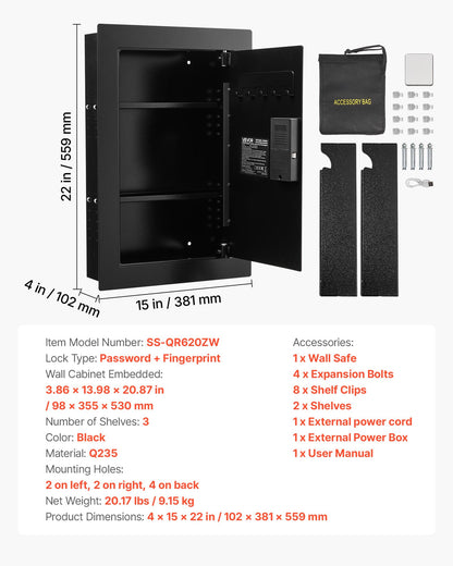 VEVOR Wall Safe, 3-Tier Hidden Wall Safe with Fingerprint, Password, Key & Turning Knob, Q235 Cold-Rolled Steel In-Wall Box with Adjustable Shelves & Key Holders for Money, Jewelry, Passport, Document - BGBXJ41522INRM189001V9 - view 8