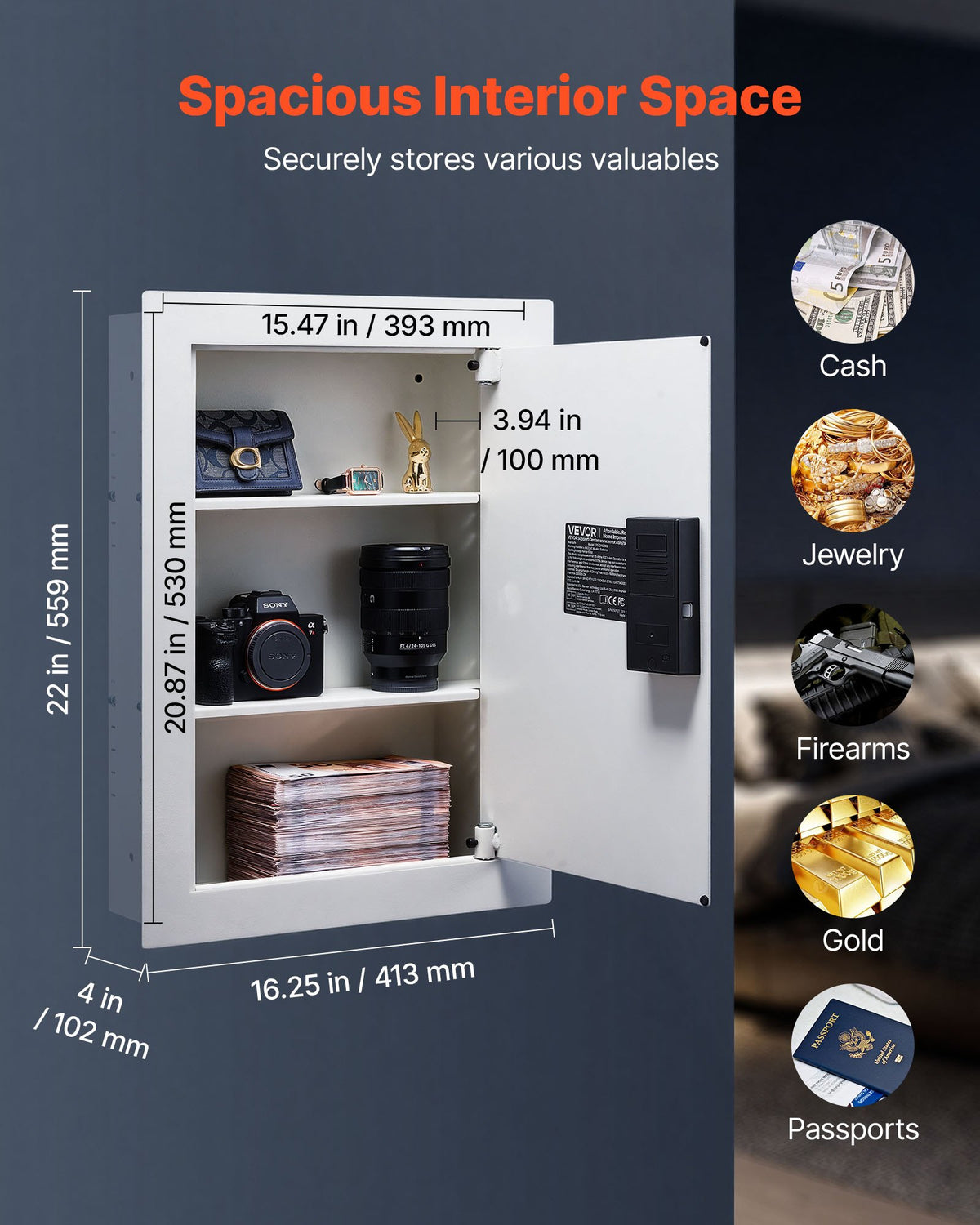 VEVOR 0.83 sq.ft Wall Safe, 3-Tier Hidden Wall Safe with Password, Key & Turning Knob, Q235 Cold-Rolled Steel In-Wall Box with Adjustable Shelves & Mounting Holes for Money, Jewelry, Passport, White - BGBXJ4162522X2SV6001V9 - view 3
