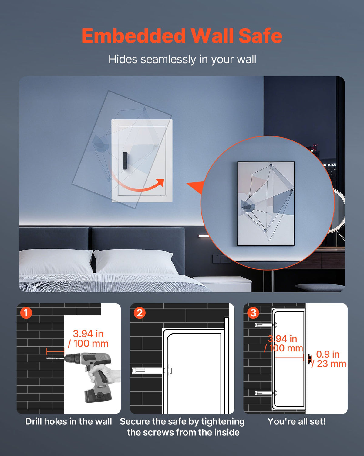 VEVOR 0.83 sq.ft Wall Safe, 3-Tier Hidden Wall Safe with Password, Key & Turning Knob, Q235 Cold-Rolled Steel In-Wall Box with Adjustable Shelves & Mounting Holes for Money, Jewelry, Passport, White - BGBXJ4162522X2SV6001V9 - view 7