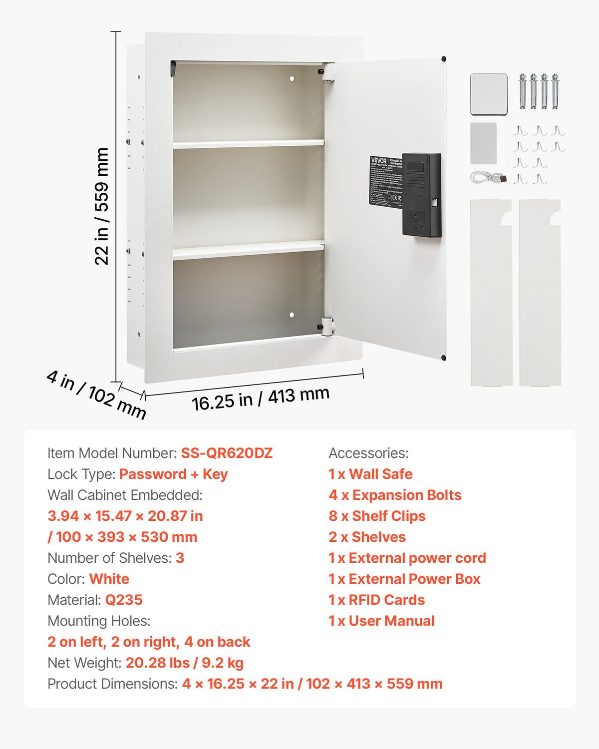 VEVOR 0.83 sq.ft Wall Safe, 3-Tier Hidden Wall Safe with Password, Key & Turning Knob, Q235 Cold-Rolled Steel In-Wall Box with Adjustable Shelves & Mounting Holes for Money, Jewelry, Passport, White - BGBXJ4162522X2SV6001V9 - view 8