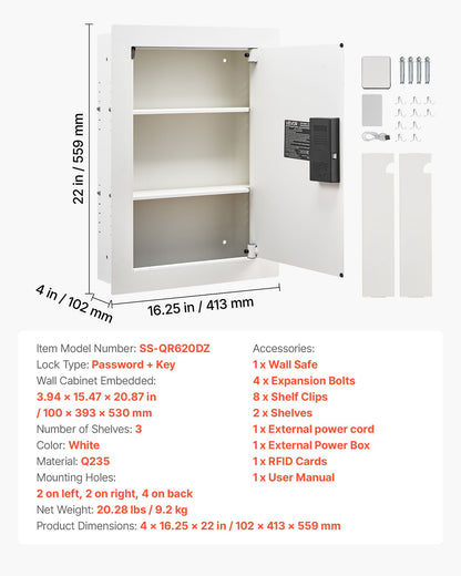 VEVOR 0.83 sq.ft Wall Safe, 3-Tier Hidden Wall Safe with Password, Key & Turning Knob, Q235 Cold-Rolled Steel In-Wall Box with Adjustable Shelves & Mounting Holes for Money, Jewelry, Passport, White - BGBXJ4162522X2SV6001V9 - view 8