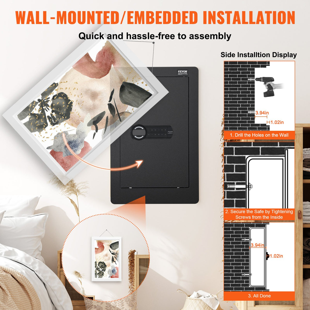 VEVOR 25.59" Tall Wall Safe, 3-Tier Hidden Wall Safe with Keypad, 3 Removable Shelves & 6 Key Holders, Q235 Cold-Rolled Steel In Wall Safe with LED Light & Vibration Alarm for Money, Jewelry, Passport - BGBXX09CUFT3G969UV9 - view 7