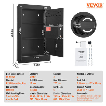 VEVOR 25.59" Tall Wall Safe, 3-Tier Hidden Wall Safe with Keypad, 3 Removable Shelves & 6 Key Holders, Q235 Cold-Rolled Steel In Wall Safe with LED Light & Vibration Alarm for Money, Jewelry, Passport - BGBXX09CUFT3G969UV9 - view 8