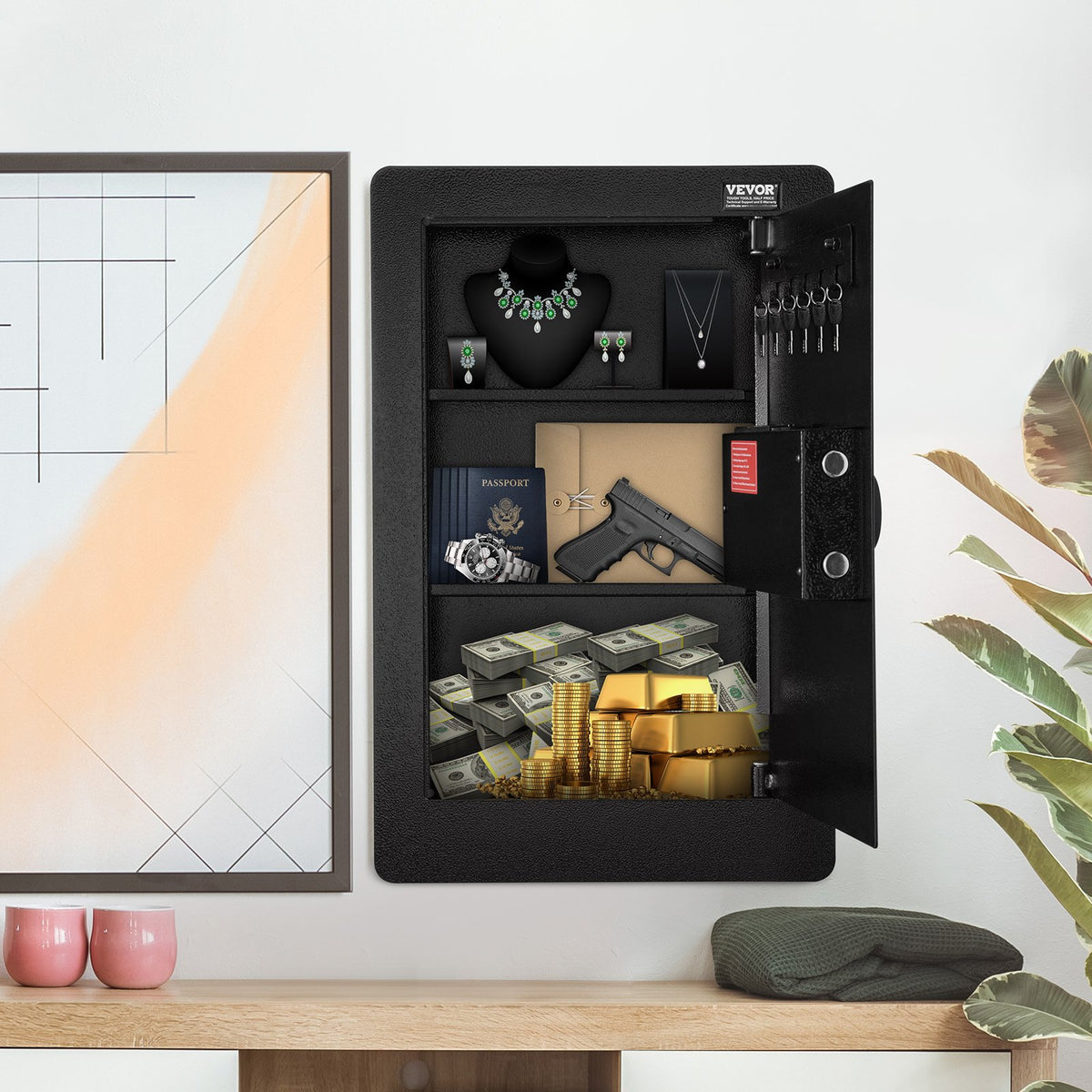 VEVOR 25.59" Tall Wall Safe, 3-Tier Hidden Wall Safe with Keypad, 3 Removable Shelves & 6 Key Holders, Q235 Cold-Rolled Steel In Wall Safe with LED Light & Vibration Alarm for Money, Jewelry, Passport - BGBXX09CUFT3G969UV9 - view 9