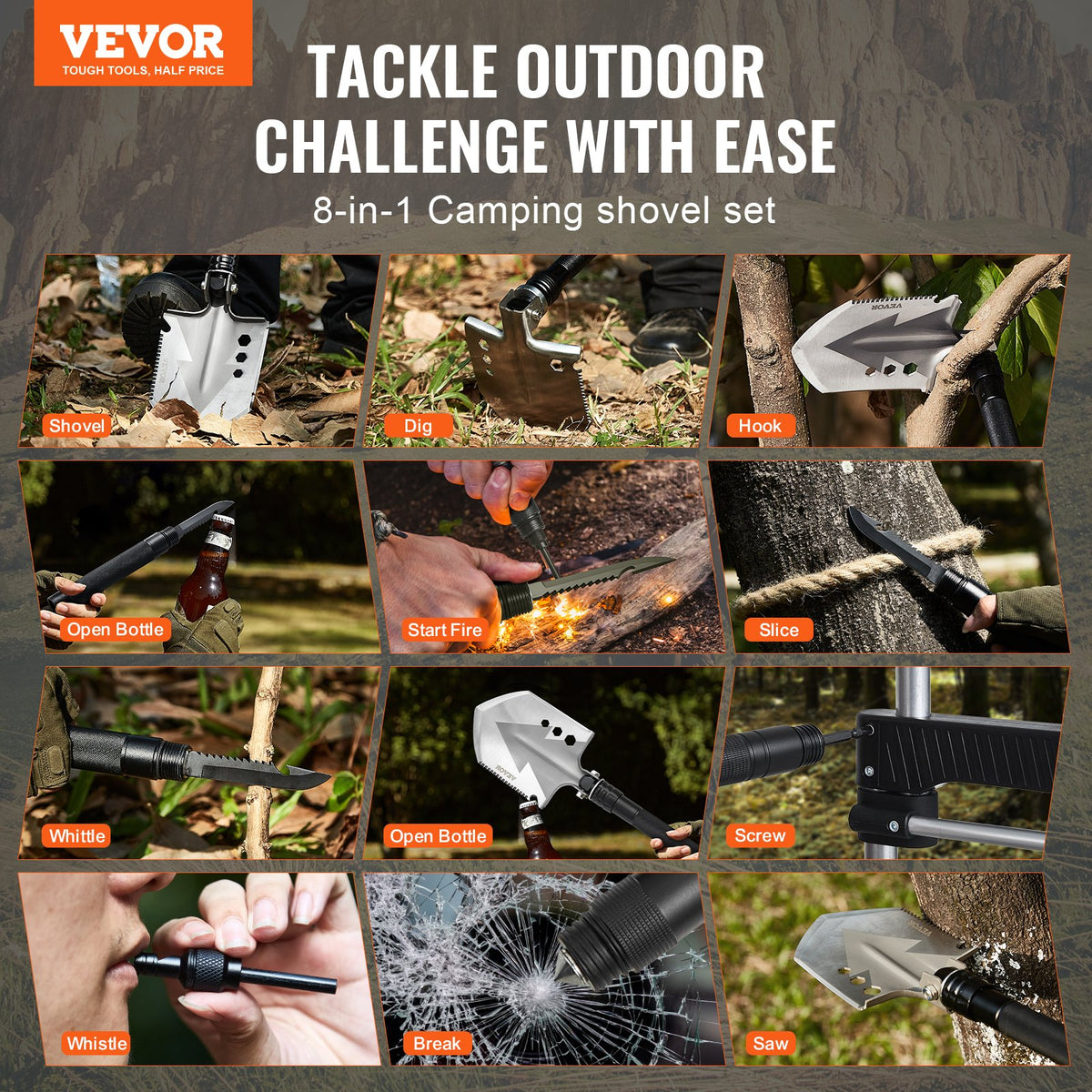 VEVOR Survival Shovel, 8 in 1 Camping Shovel Folding Multitool, Military Grade Portable Compact Tactical Shovel, Multifunction for Off-Roading, Camping, Hiking, Outdoor, Survivalist and Emergency - BGC2JKSS0000SG6TDV0 - view 3