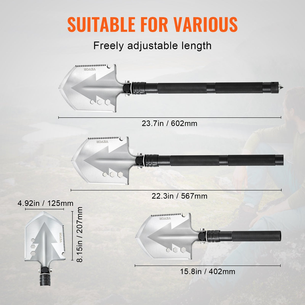 VEVOR Survival Shovel, 8 in 1 Camping Shovel Folding Multitool, Military Grade Portable Compact Tactical Shovel, Multifunction for Off-Roading, Camping, Hiking, Outdoor, Survivalist and Emergency - BGC2JKSS0000SG6TDV0 - view 4