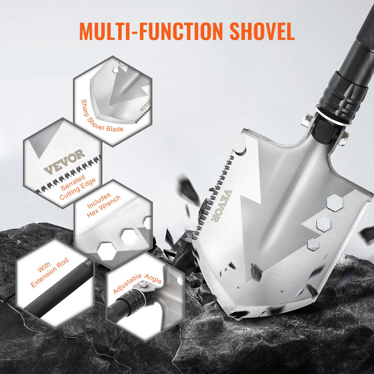 VEVOR Survival Shovel, 8 in 1 Camping Shovel Folding Multitool, Military Grade Portable Compact Tactical Shovel, Multifunction for Off-Roading, Camping, Hiking, Outdoor, Survivalist and Emergency - BGC2JKSS0000SG6TDV0 - view 5