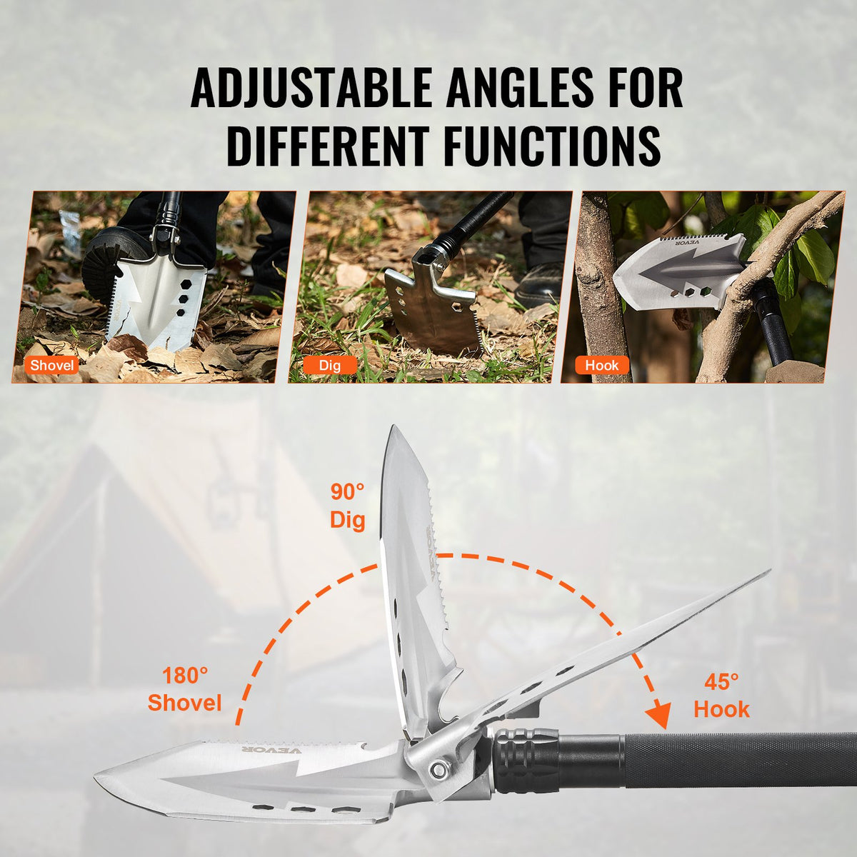 VEVOR Survival Shovel, 8 in 1 Camping Shovel Folding Multitool, Military Grade Portable Compact Tactical Shovel, Multifunction for Off-Roading, Camping, Hiking, Outdoor, Survivalist and Emergency - BGC2JKSS0000SG6TDV0 - view 6