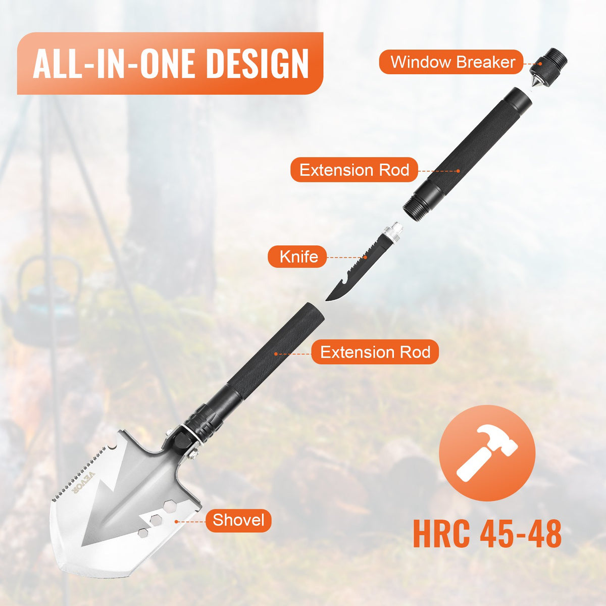 VEVOR Survival Shovel, 8 in 1 Camping Shovel Folding Multitool, Military Grade Portable Compact Tactical Shovel, Multifunction for Off-Roading, Camping, Hiking, Outdoor, Survivalist and Emergency - BGC2JKSS0000SG6TDV0 - view 7