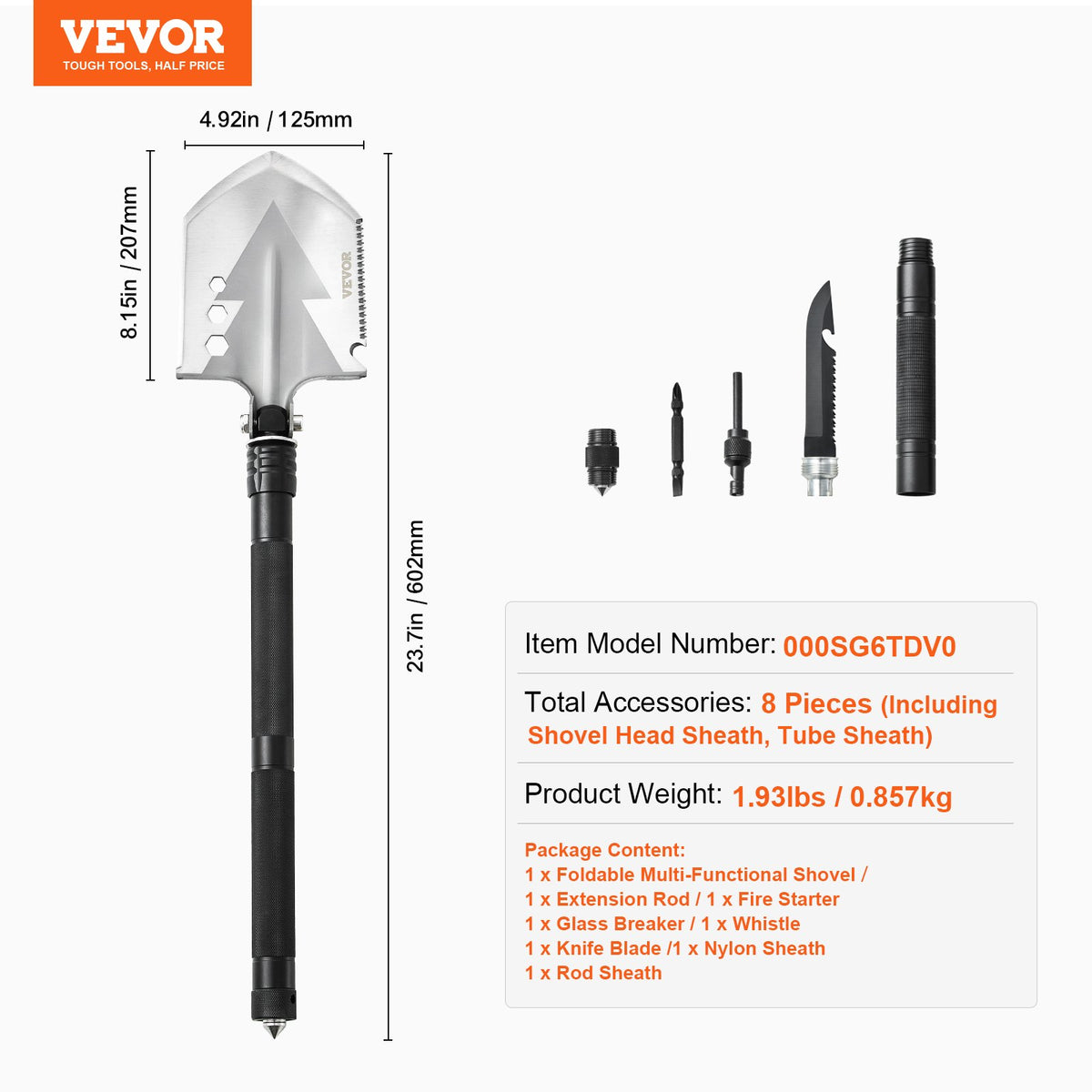 VEVOR Survival Shovel, 8 in 1 Camping Shovel Folding Multitool, Military Grade Portable Compact Tactical Shovel, Multifunction for Off-Roading, Camping, Hiking, Outdoor, Survivalist and Emergency - BGC2JKSS0000SG6TDV0 - view 8