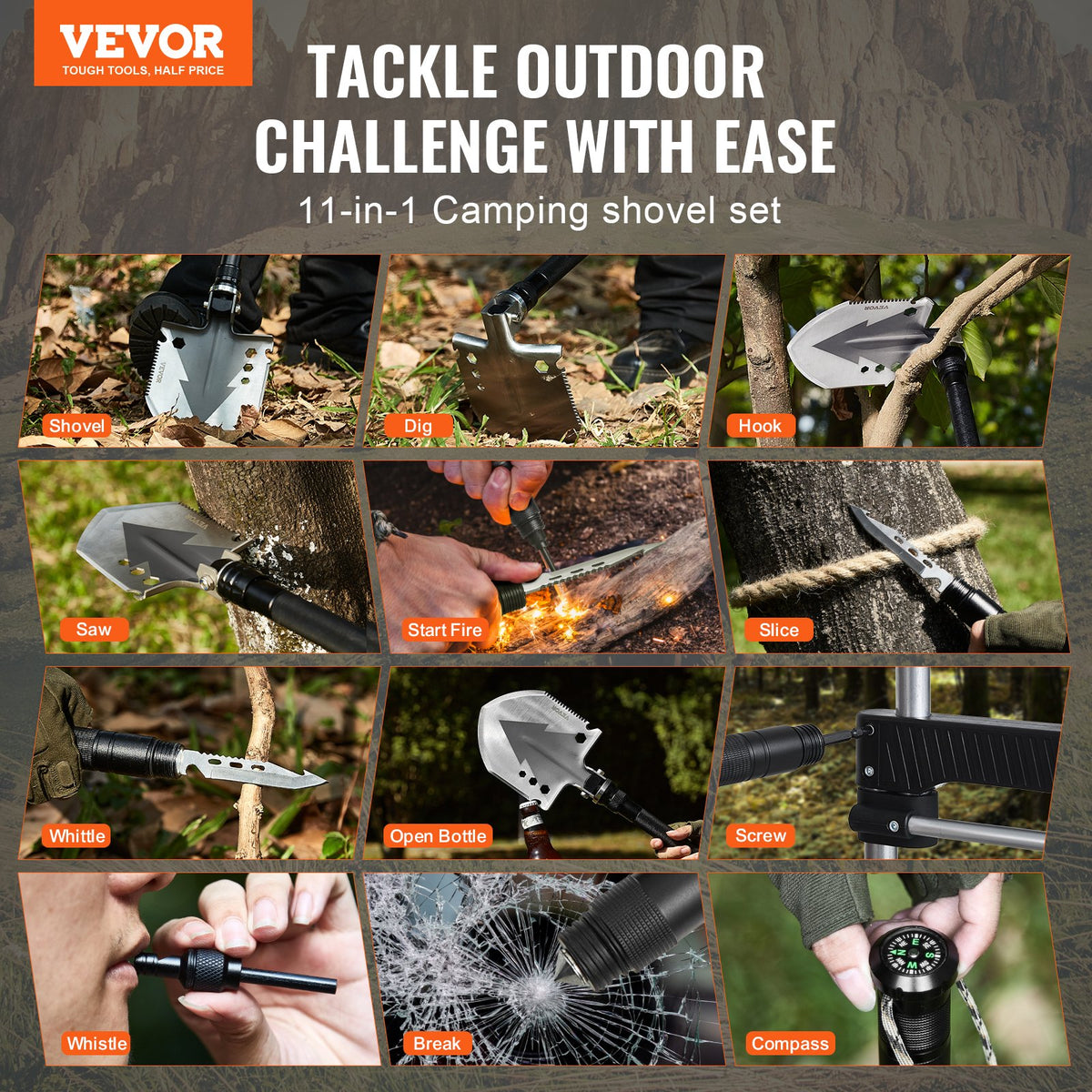 VEVOR Survival Shovel, 11 in 1 Camping Shovel Folding Multitool, Military Grade Portable Compact Tactical Shovel, Multifunction for Off-Roading, Camping, Hiking, Outdoor, Survivalist and Emergency - BGC3JKSS00007WG60V0 - view 3