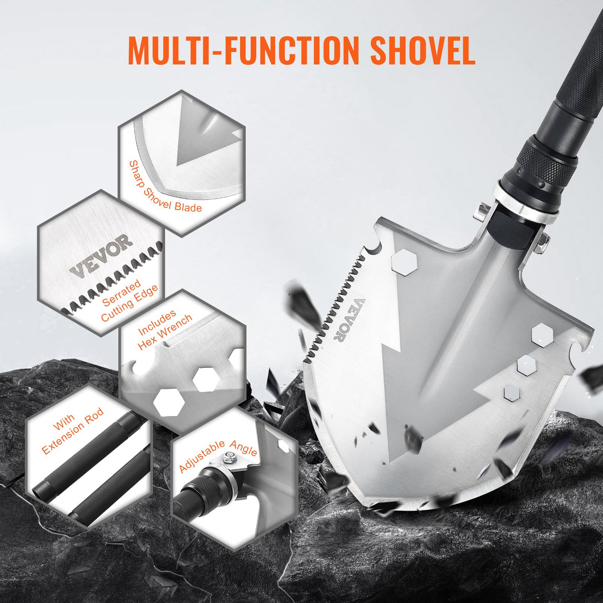 VEVOR Survival Shovel, 11 in 1 Camping Shovel Folding Multitool, Military Grade Portable Compact Tactical Shovel, Multifunction for Off-Roading, Camping, Hiking, Outdoor, Survivalist and Emergency - BGC3JKSS00007WG60V0 - view 5