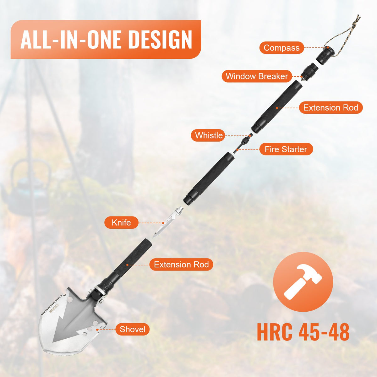 VEVOR Survival Shovel, 11 in 1 Camping Shovel Folding Multitool, Military Grade Portable Compact Tactical Shovel, Multifunction for Off-Roading, Camping, Hiking, Outdoor, Survivalist and Emergency - BGC3JKSS00007WG60V0 - view 7
