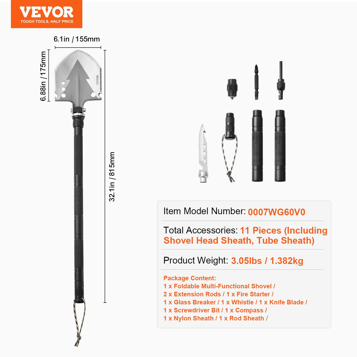 VEVOR Survival Shovel, 11 in 1 Camping Shovel Folding Multitool, Military Grade Portable Compact Tactical Shovel, Multifunction for Off-Roading, Camping, Hiking, Outdoor, Survivalist and Emergency - BGC3JKSS00007WG60V0 - view 8