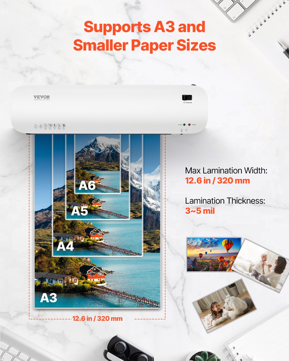 VEVOR Laminator Machine, Thermal Laminator for Max A3 Paper Size, 2-3 min Quick Warm Portable Laminator, 3-5 mil Thickness, Ideal for Home, Office, Business, or School Supplies, White + Black - BGFMJA3RY35MSW255V1 - view 4