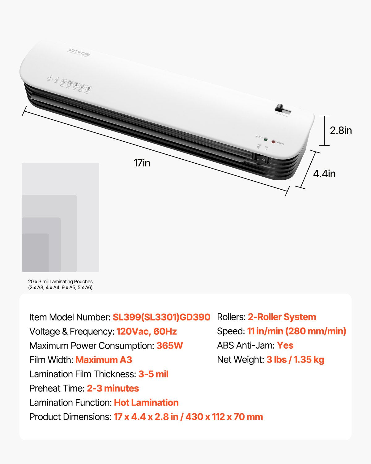 VEVOR Laminator Machine, Thermal Laminator for Max A3 Paper Size, 2-3 min Quick Warm Portable Laminator, 3-5 mil Thickness, Ideal for Home, Office, Business, or School Supplies, White + Black - BGFMJA3RY35MSW255V1 - view 8