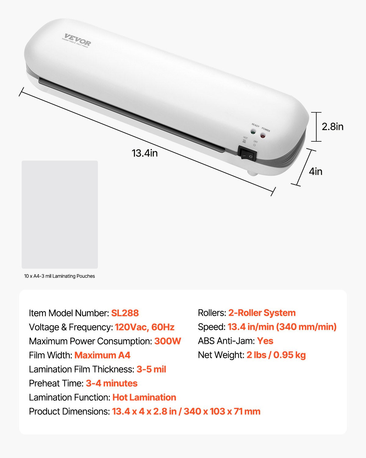 VEVOR Laminator Machine, Thermal Laminator for Max A4 Paper Size, 3-4 min Quick Warm Portable Laminator, 3-5 mil Thickness, Ideal for Home, Office, Business, or School Supplies, White + Grey - BGFMJA4RY35MC803EV1 - view 8