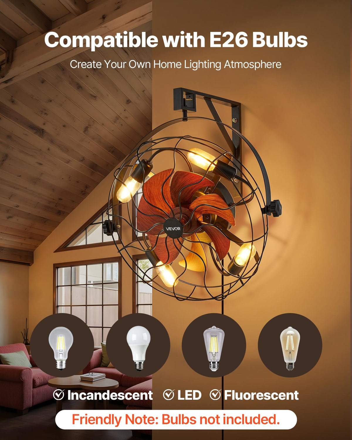 VEVOR Wall Mounted Fan with Lights, 21 inch Wall Mount Fan with Remote, 6 Speeds Plug in Wall Fan, Timer, 360°Adjustable Tilt for Bedroom,Garage,Workshop (Compatible 4 E26 Bulb Sockets,No Bulb) - BGFSD20INCHEDE2W7001V1 - view 5