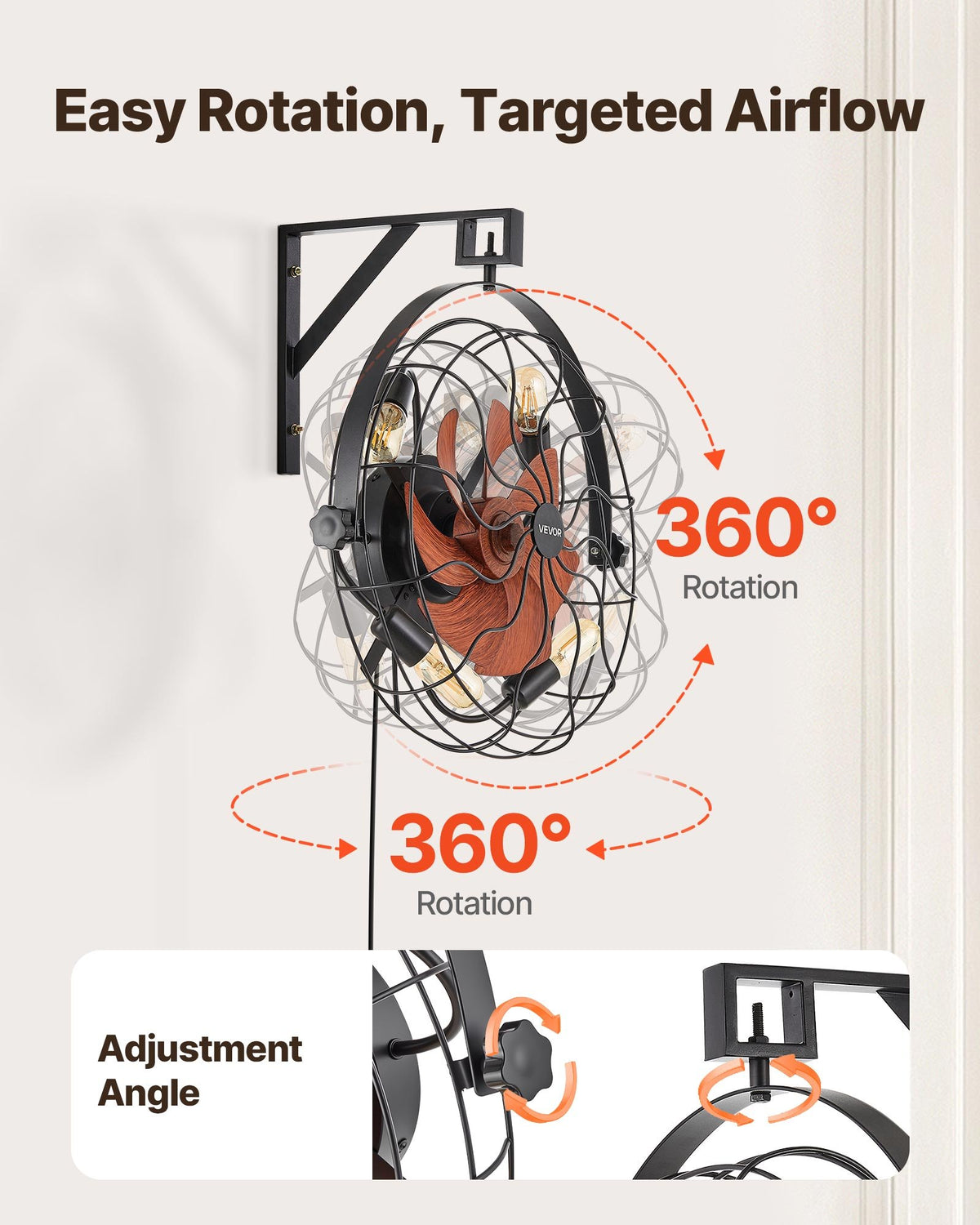 VEVOR Wall Mounted Fan with Lights, 21 inch Wall Mount Fan with Remote, 6 Speeds Plug in Wall Fan, Timer, 360°Adjustable Tilt for Bedroom,Garage,Workshop (Compatible 4 E26 Bulb Sockets,No Bulb) - BGFSD20INCHEDE2W7001V1 - view 6