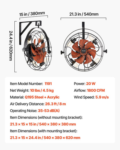 VEVOR Wall Mounted Fan with Lights, 21 inch Wall Mount Fan with Remote, 6 Speeds Plug in Wall Fan, Timer, 360°Adjustable Tilt for Bedroom,Garage,Workshop (Compatible 4 E26 Bulb Sockets,No Bulb) - BGFSD20INCHEDE2W7001V1 - view 8