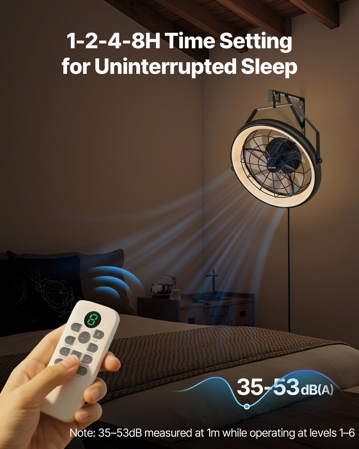 VEVOR Wall Mounted Fan with Lights, 22 inch Wall Mount Fan with Remote, 6 Speeds Plug in Wall Fan, Reversible, Dimmable 3-color Lighting, Timer, 360°Adjustable Tilt for Workshop, Patio, Home - BGFSD23INCHKMNGQK001V1 - view 4
