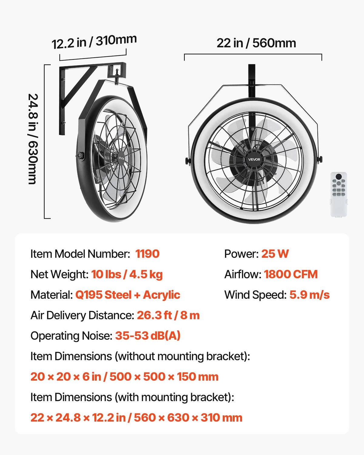 VEVOR Wall Mounted Fan with Lights, 22 inch Wall Mount Fan with Remote, 6 Speeds Plug in Wall Fan, Reversible, Dimmable 3-color Lighting, Timer, 360°Adjustable Tilt for Workshop, Patio, Home - BGFSD23INCHKMNGQK001V1 - view 8