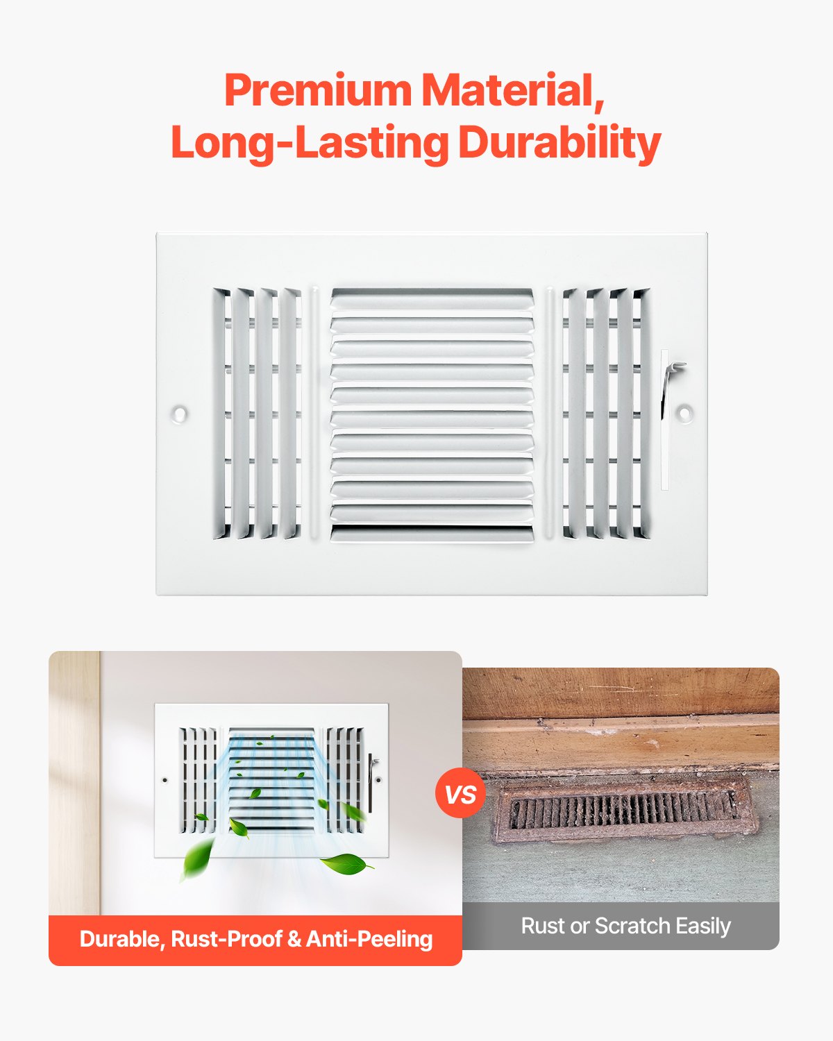 VEVOR 6 x 10 Inch Floor Registers, 6-Pack Floor Vents, HVAC 3-Direction Iron Vent Grilles for Home/Office Wall & Ceiling, Rustproof Anti-Peeling Air Vents Deflector Adjustable with Metal Damper, White - BGGZTFKTSLQMKPUAOV0 - view 4