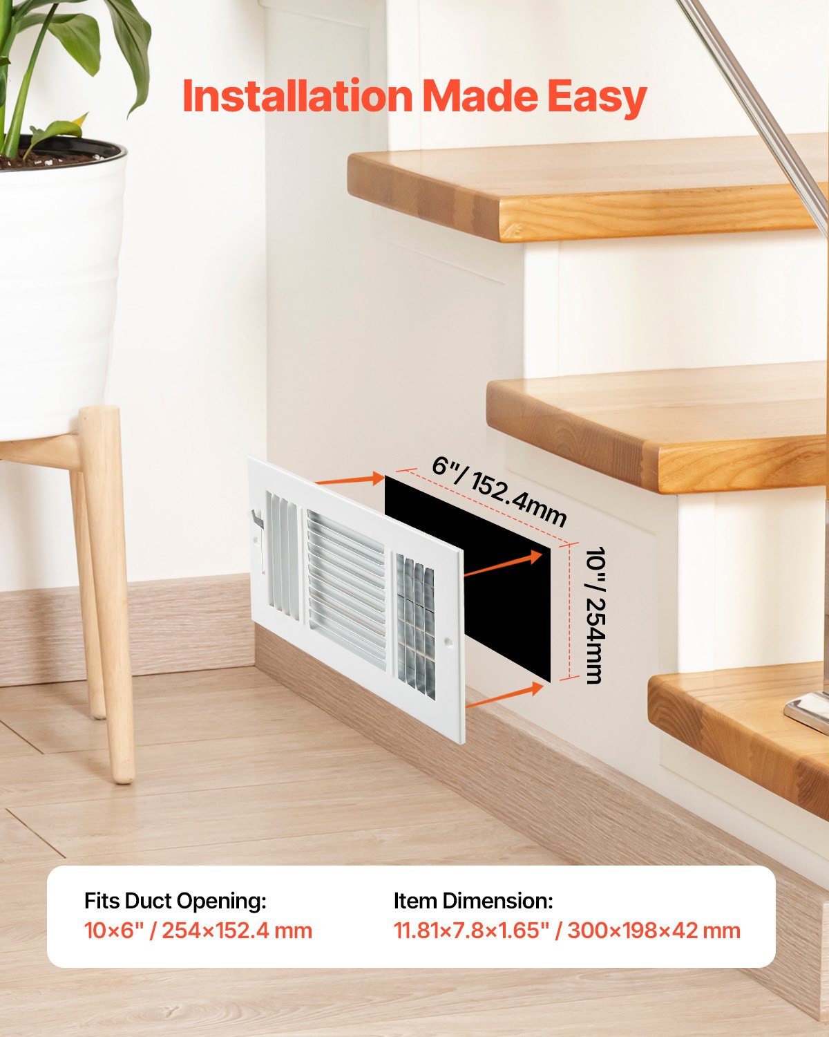 VEVOR 6 x 10 Inch Floor Registers, 6-Pack Floor Vents, HVAC 3-Direction Iron Vent Grilles for Home/Office Wall & Ceiling, Rustproof Anti-Peeling Air Vents Deflector Adjustable with Metal Damper, White - BGGZTFKTSLQMKPUAOV0 - view 6