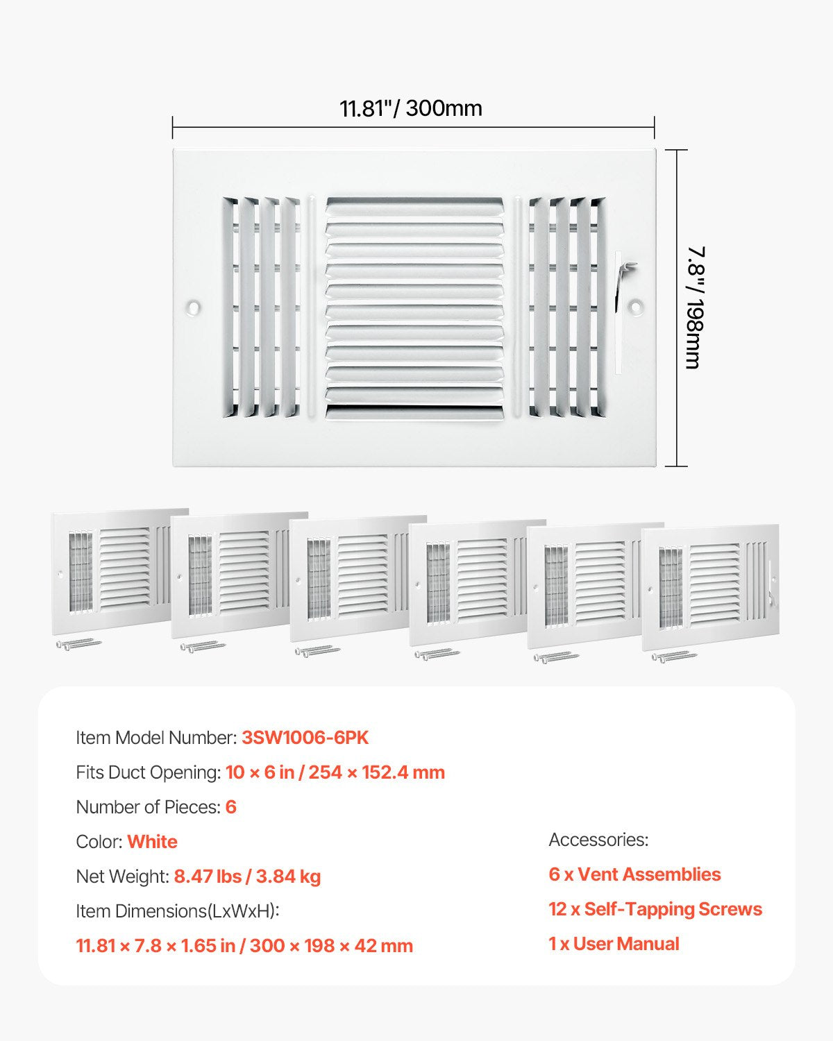 VEVOR 6 x 10 Inch Floor Registers, 6-Pack Floor Vents, HVAC 3-Direction Iron Vent Grilles for Home/Office Wall & Ceiling, Rustproof Anti-Peeling Air Vents Deflector Adjustable with Metal Damper, White - BGGZTFKTSLQMKPUAOV0 - view 8