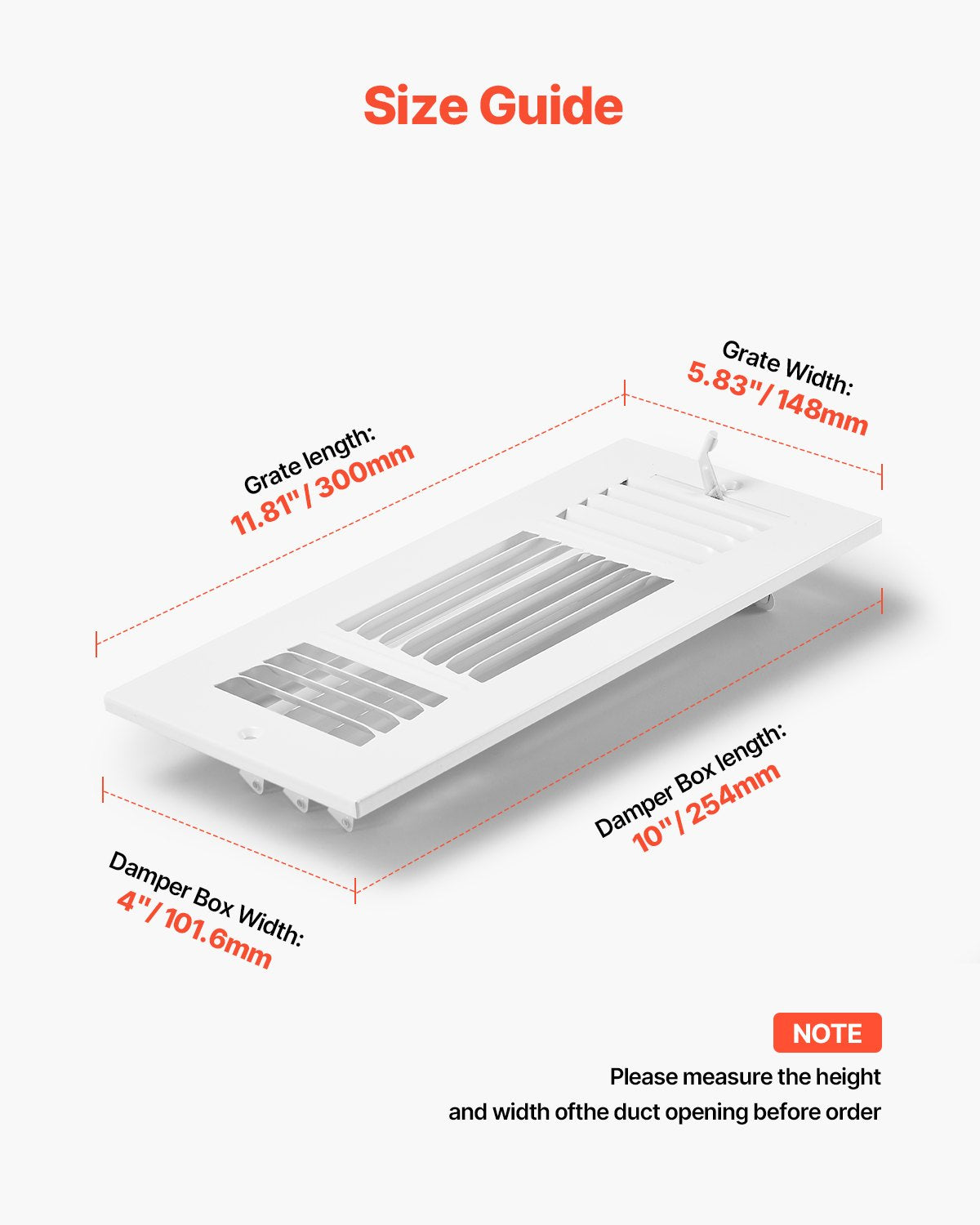 VEVOR 4 x 10 Inch Floor Registers, 6-Pack Floor Vents, HVAC 3-Direction Iron Vent Grilles for Home/Office Wall & Ceiling, Rustproof Anti-Peeling Air Vents Deflector Adjustable with Metal Damper, White - BGGZTFKTSLQMW2UCAV0 - view 3